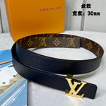 LV INITIALES 30 MM REVERSIBLE BELT IN BROWN MONOGRAM AND BLACK CALFSKIN GOLD HARDWARE