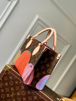 LV x YK ONTHEGO 25 IN BROWN MONOGRAM COATED CANVAS AND CALFSKIN PUMPKIN PATTERN