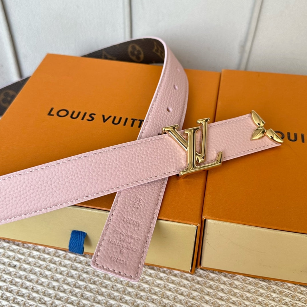 PRETTY LV 30MM REVERSIBLE BELT IN LIGHT PINK CALFSKIN GOLD HARDWARE