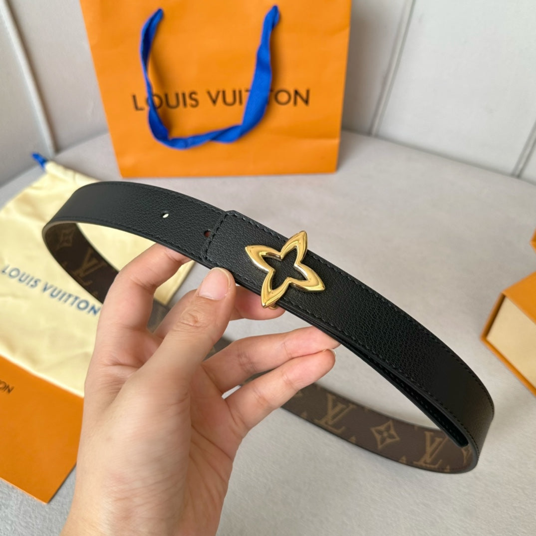 LVMINI FLOWERGRAM 30MM REVERSIBLE BELT IN BLACK CALFSKIN GOLD HARDWARE