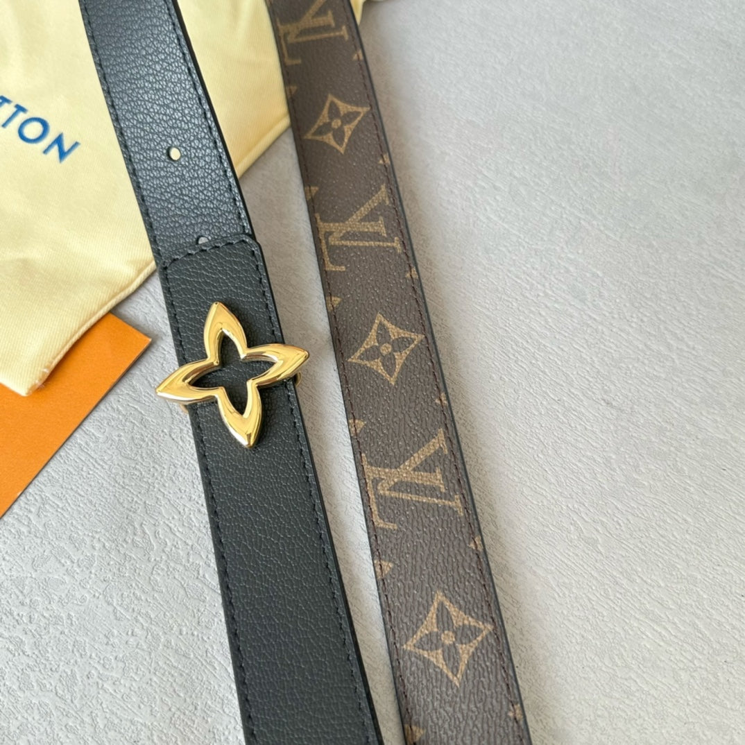 LVMINI FLOWERGRAM 30MM REVERSIBLE BELT IN BLACK CALFSKIN GOLD HARDWARE