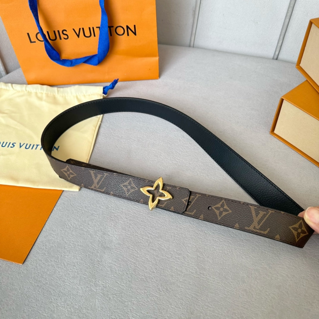 LVMINI FLOWERGRAM 30MM REVERSIBLE BELT IN BLACK CALFSKIN GOLD HARDWARE