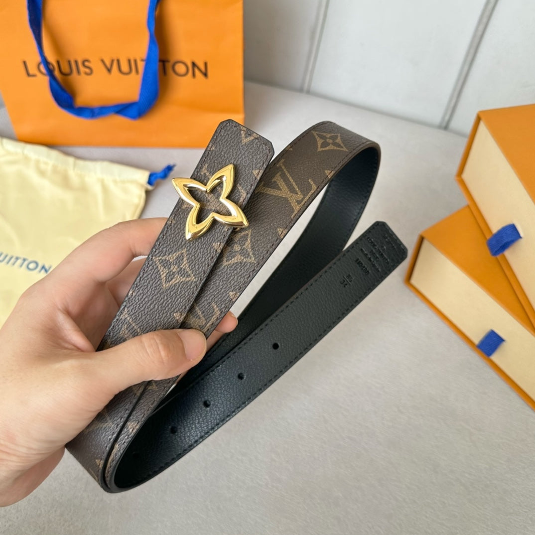 LVMINI FLOWERGRAM 30MM REVERSIBLE BELT IN BLACK CALFSKIN GOLD HARDWARE