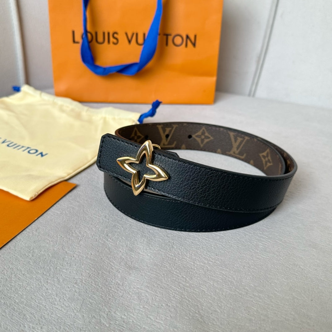 LVMINI FLOWERGRAM 30MM REVERSIBLE BELT IN BLACK CALFSKIN GOLD HARDWARE