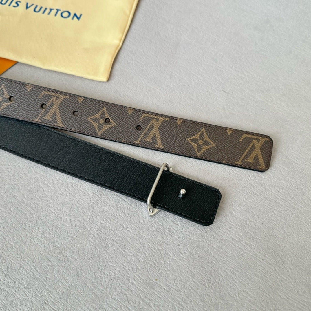 LVMINI FLOWERGRAM 30MM REVERSIBLE BELT IN BLACK CALFSKIN SILVER HARDWARE