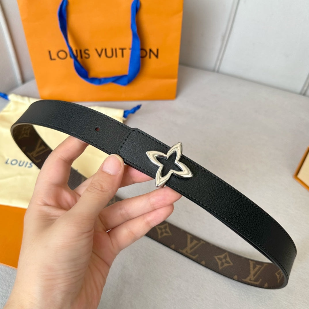 LVMINI FLOWERGRAM 30MM REVERSIBLE BELT IN BLACK CALFSKIN SILVER HARDWARE