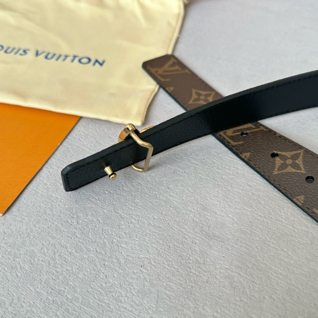 LVMINI FLOWERGRAM 30MM REVERSIBLE BELT IN BLACK CALFSKIN GOLD HARDWARE