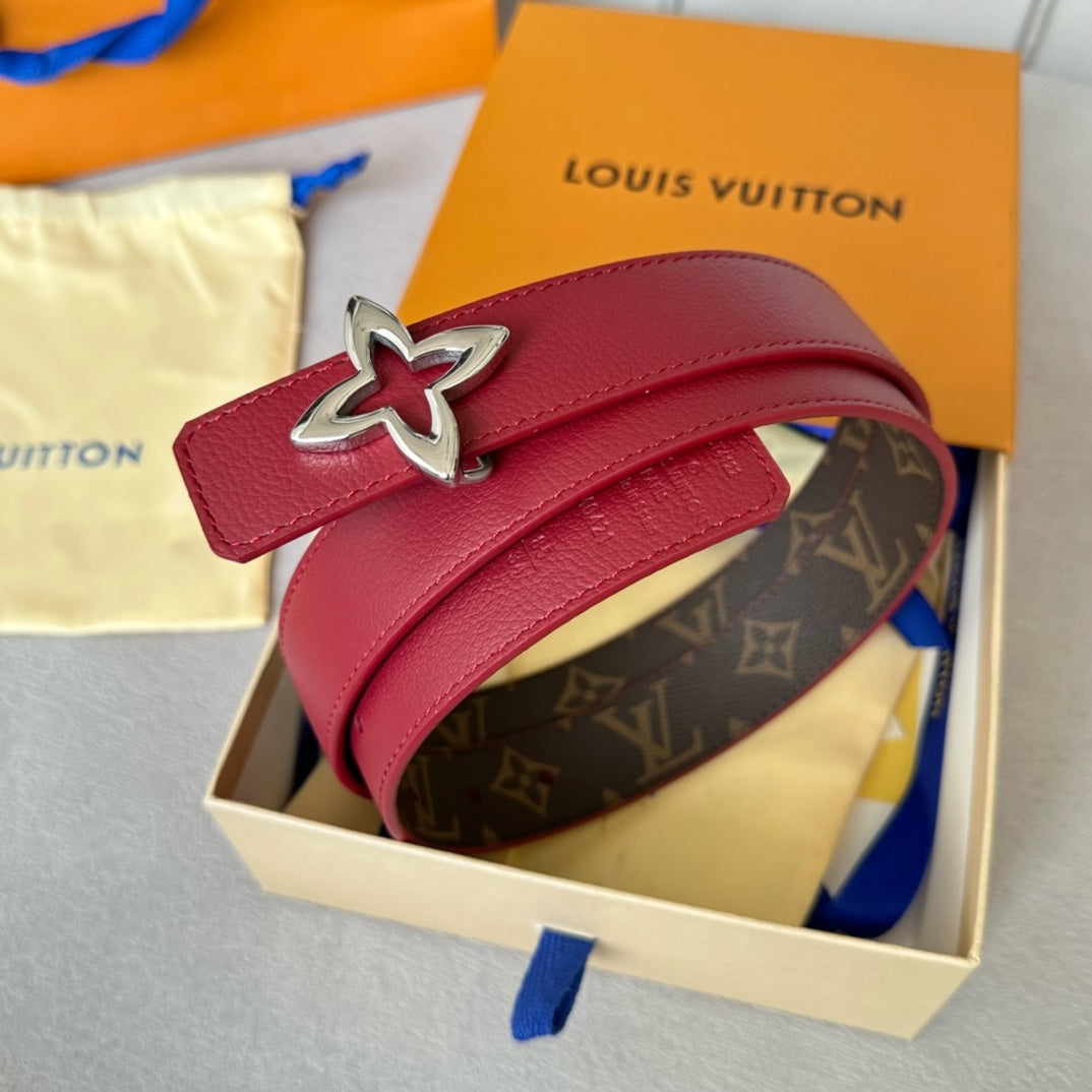 LVMINI FLOWERGRAM 30MM REVERSIBLE BELT IN BLOOD RED CALFSKIN SILVER HARDWARE
