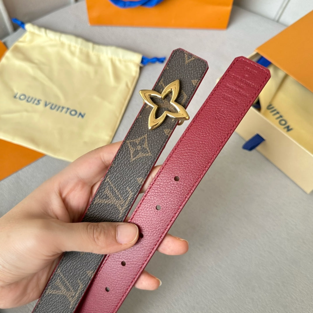 LVMINI FLOWERGRAM 30MM REVERSIBLE BELT IN BLOOD RED CALFSKIN GOLD HARDWARE