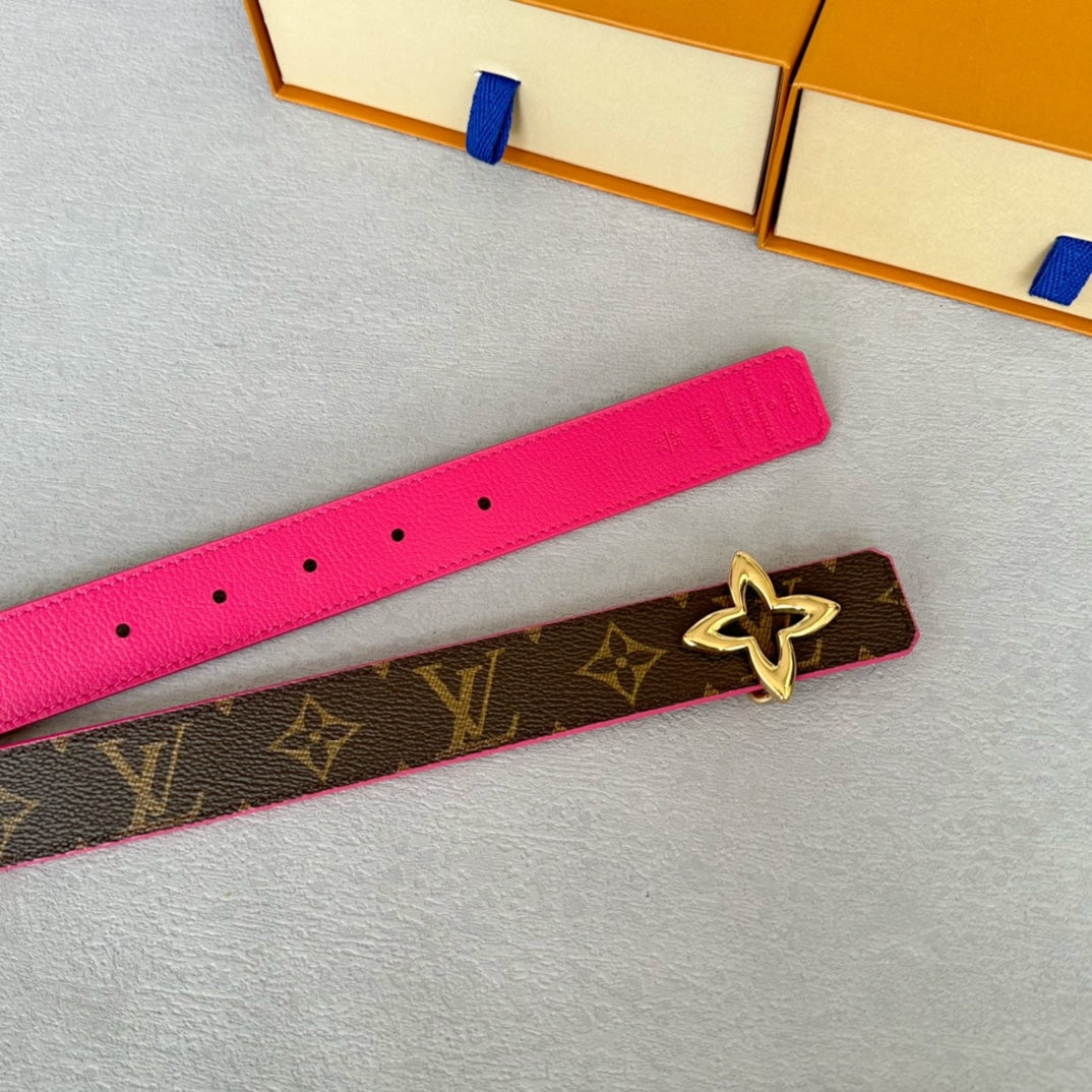 LVMINI FLOWERGRAM 30MM REVERSIBLE BELT IN BRIGHT PINK CALFSKIN GOLD HARDWARE