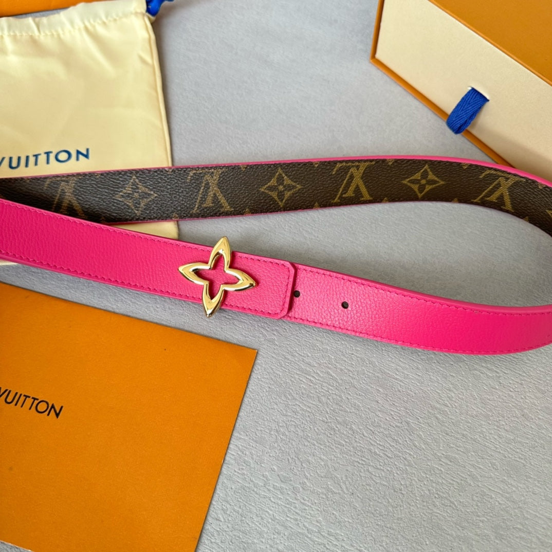 LVMINI FLOWERGRAM 30MM REVERSIBLE BELT IN BRIGHT PINK CALFSKIN GOLD HARDWARE