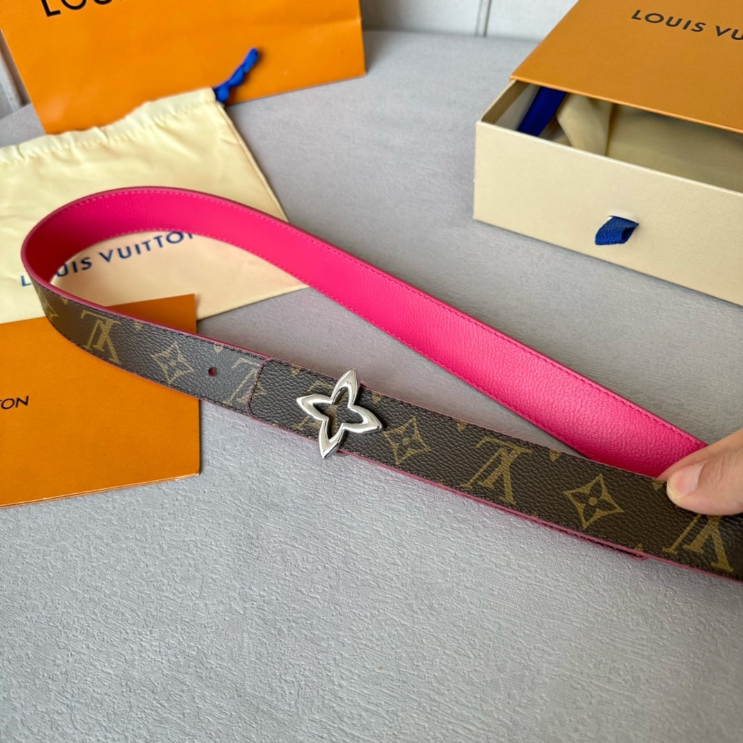 LVMINI FLOWERGRAM 30MM REVERSIBLE BELT IN BRIGHT PINK CALFSKIN SILVER HARDWARE