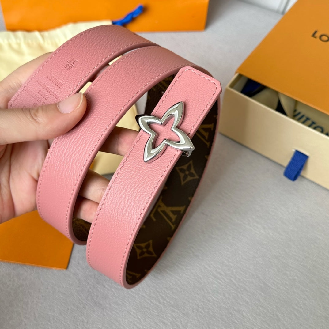 LVMINI FLOWERGRAM 30MM REVERSIBLE BELT IN BLUSH PINK CALFSKIN SILVER HARDWARE