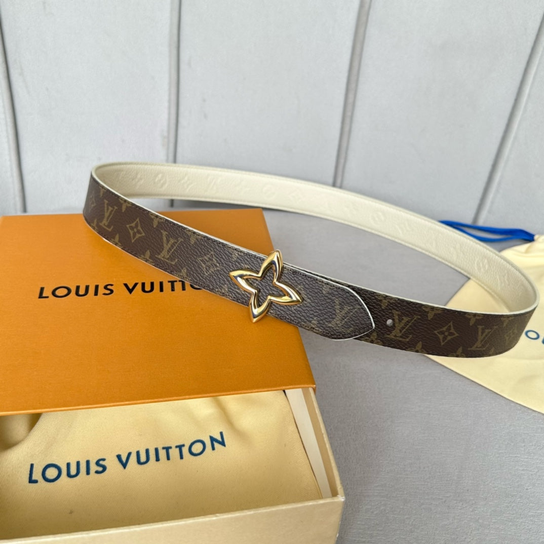 LVMINI FLOWERGRAM 30MM REVERSIBLE BELT IN WHITE EMBOSSED CALFSKIN GOLD HARDWARE