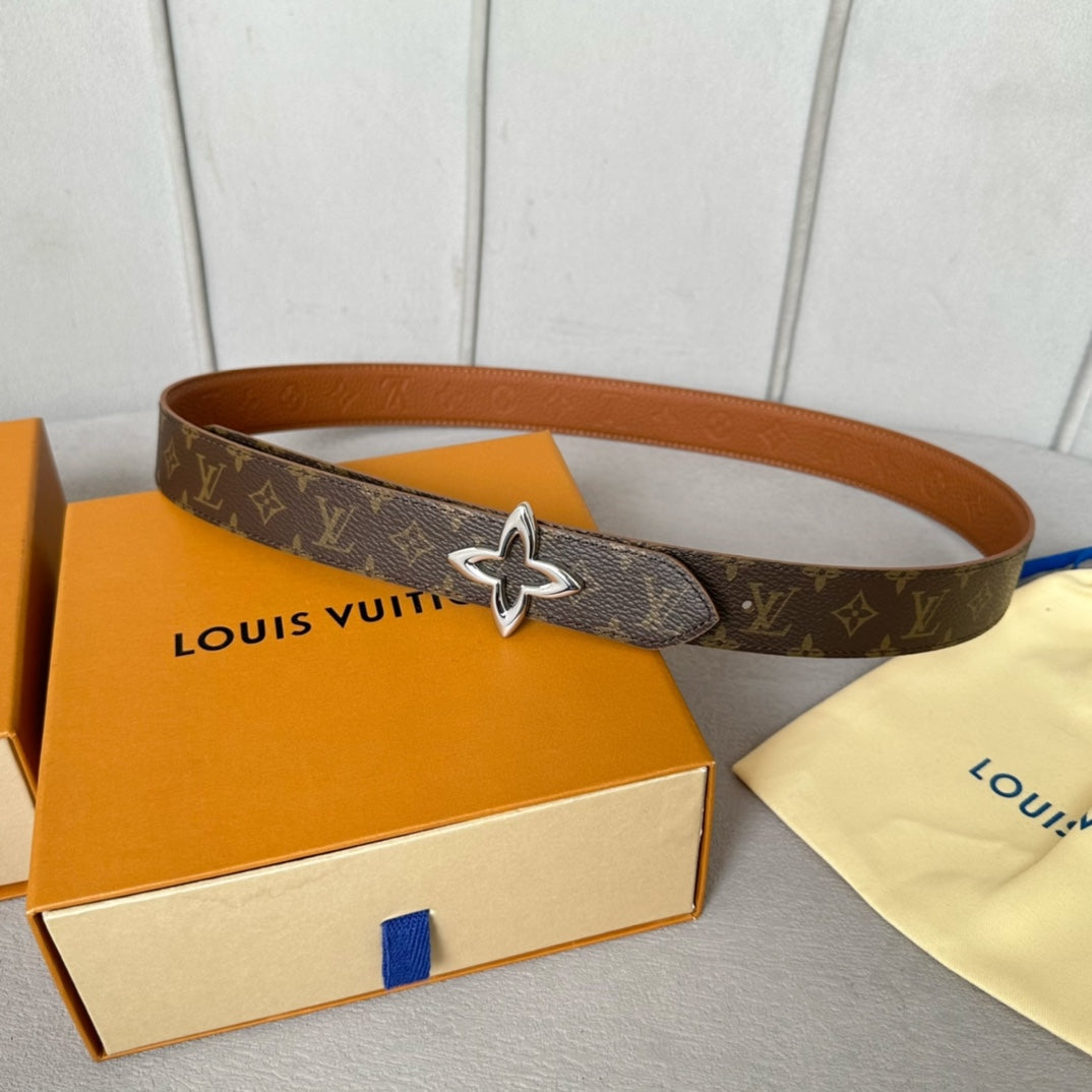 LVMINI FLOWERGRAM 30MM REVERSIBLE BELT IN BRONZE BROWN EMBOSSED CALFSKIN SILVER HARDWARE