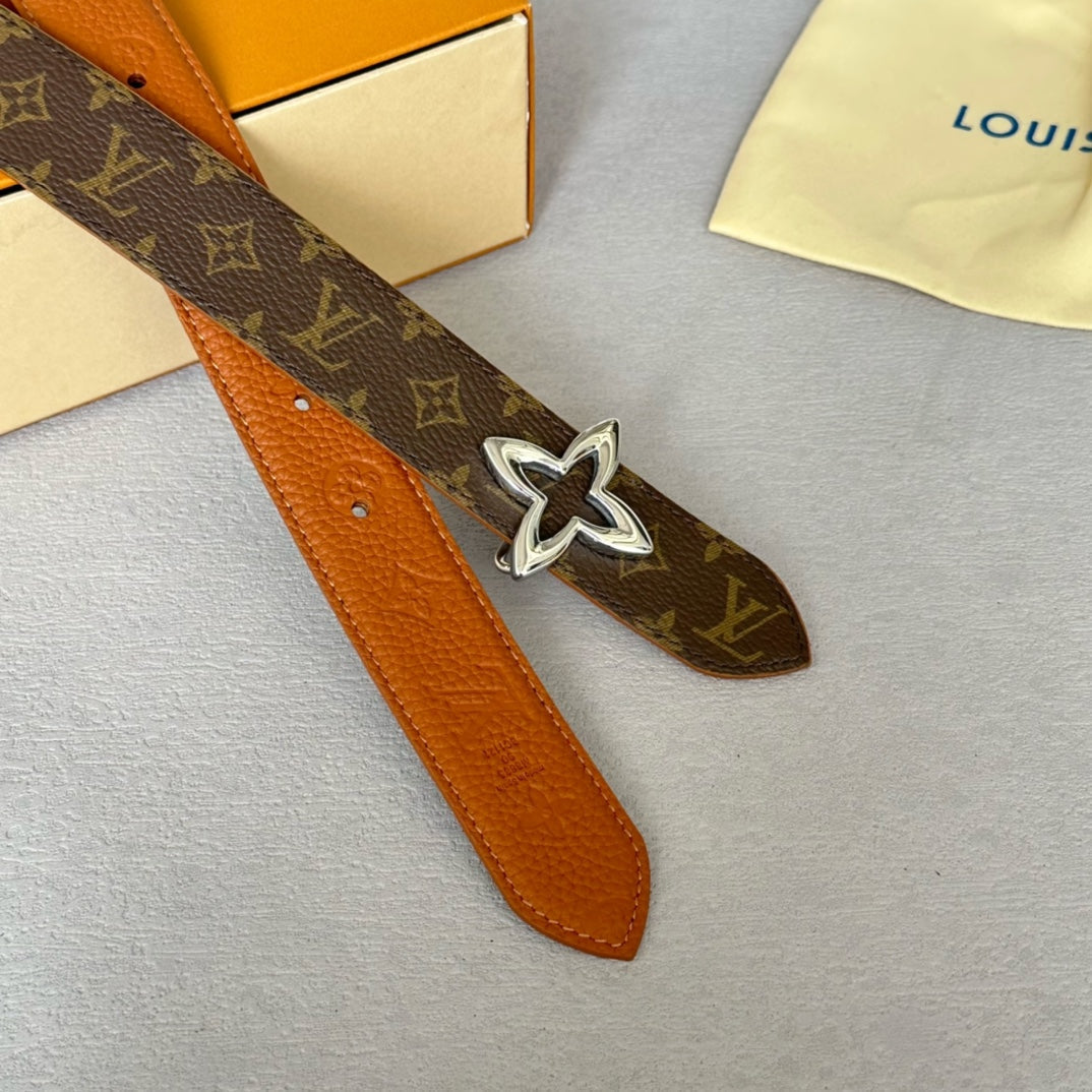LVMINI FLOWERGRAM 30MM REVERSIBLE BELT IN BRONZE BROWN EMBOSSED CALFSKIN SILVER HARDWARE