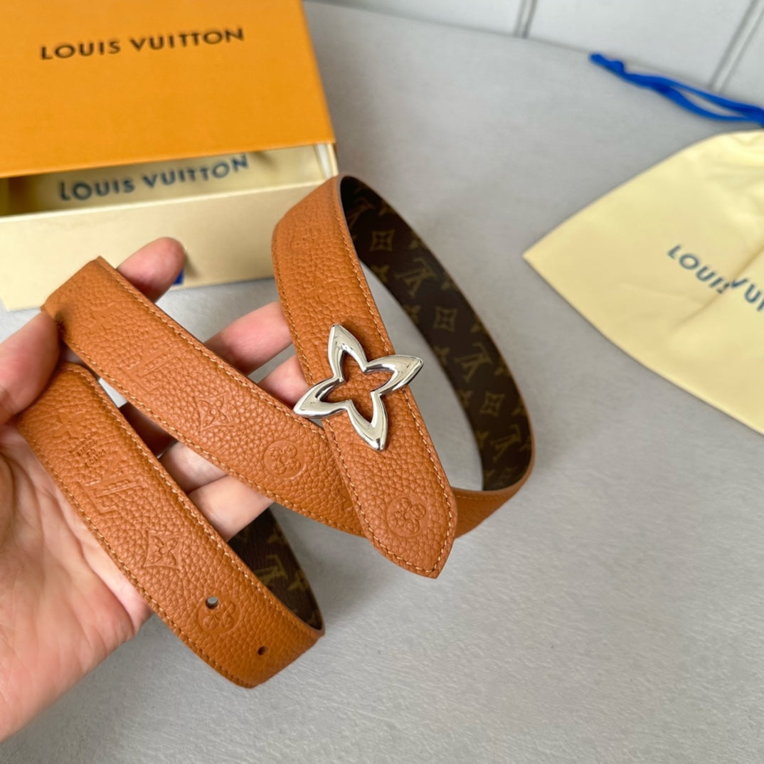LVMINI FLOWERGRAM 30MM REVERSIBLE BELT IN BRONZE BROWN EMBOSSED CALFSKIN SILVER HARDWARE