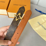 LVMINI FLOWERGRAM 30MM REVERSIBLE BELT IN BRONZE BROWN EMBOSSED CALFSKIN GOLD HARDWARE