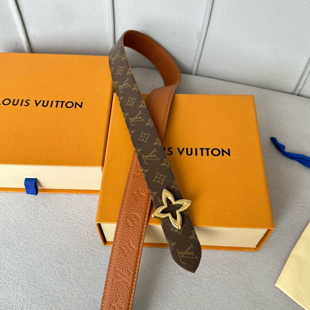 LVMINI FLOWERGRAM 30MM REVERSIBLE BELT IN BRONZE BROWN EMBOSSED CALFSKIN GOLD HARDWARE