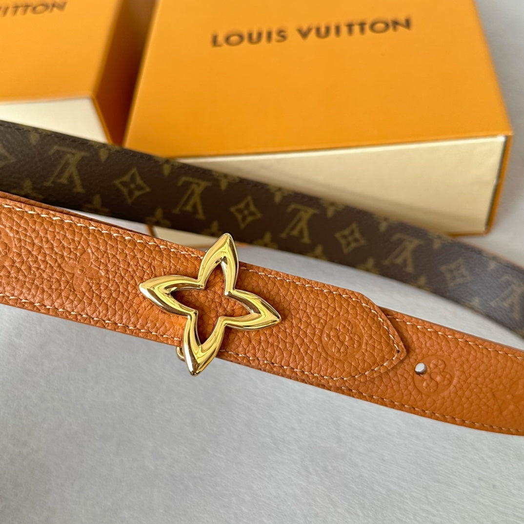 LVMINI FLOWERGRAM 30MM REVERSIBLE BELT IN BRONZE BROWN EMBOSSED CALFSKIN GOLD HARDWARE