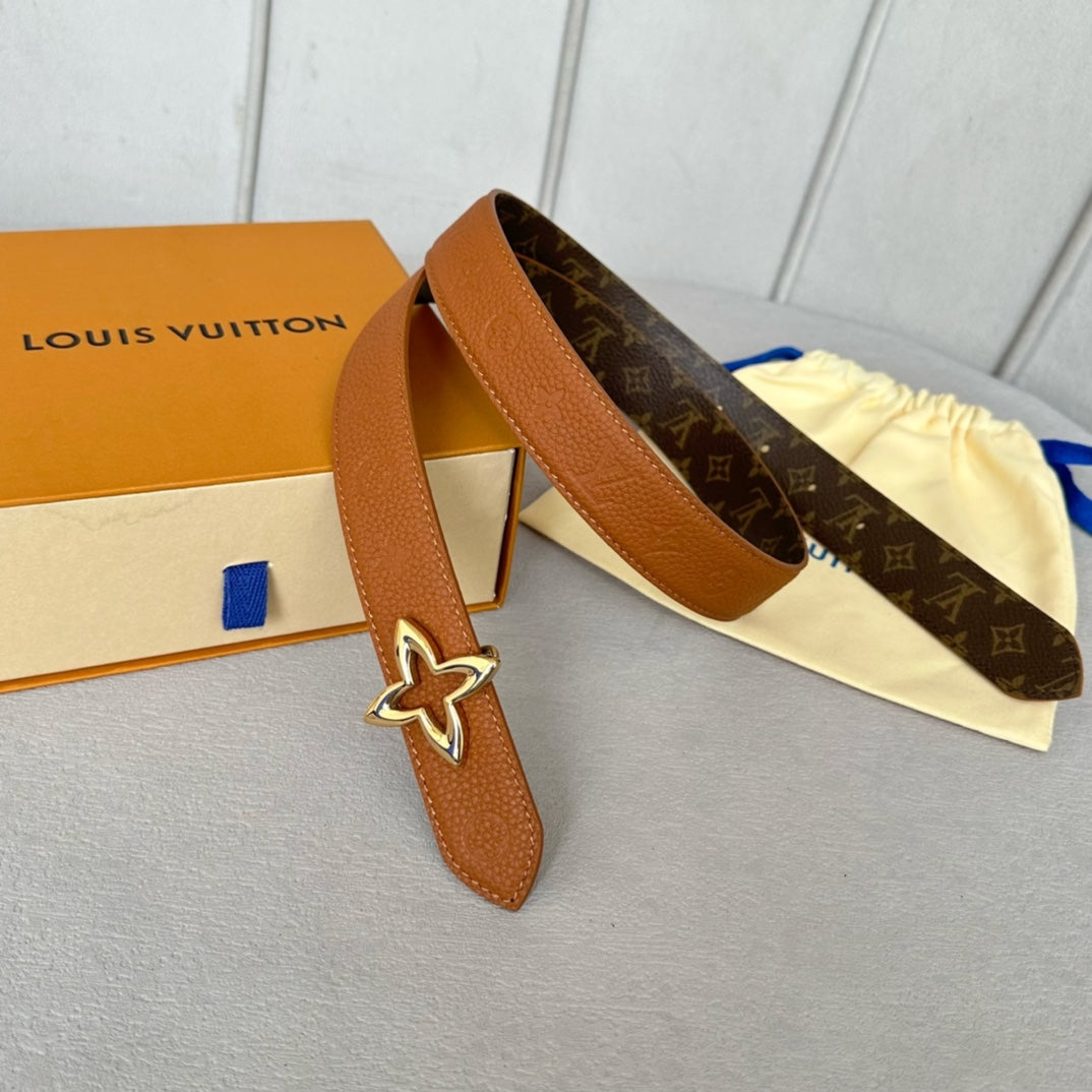 LVMINI FLOWERGRAM 30MM REVERSIBLE BELT IN BRONZE BROWN EMBOSSED CALFSKIN GOLD HARDWARE