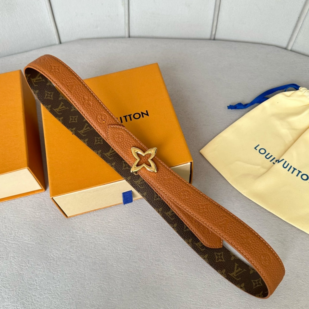 LVMINI FLOWERGRAM 30MM REVERSIBLE BELT IN BRONZE BROWN EMBOSSED CALFSKIN GOLD HARDWARE