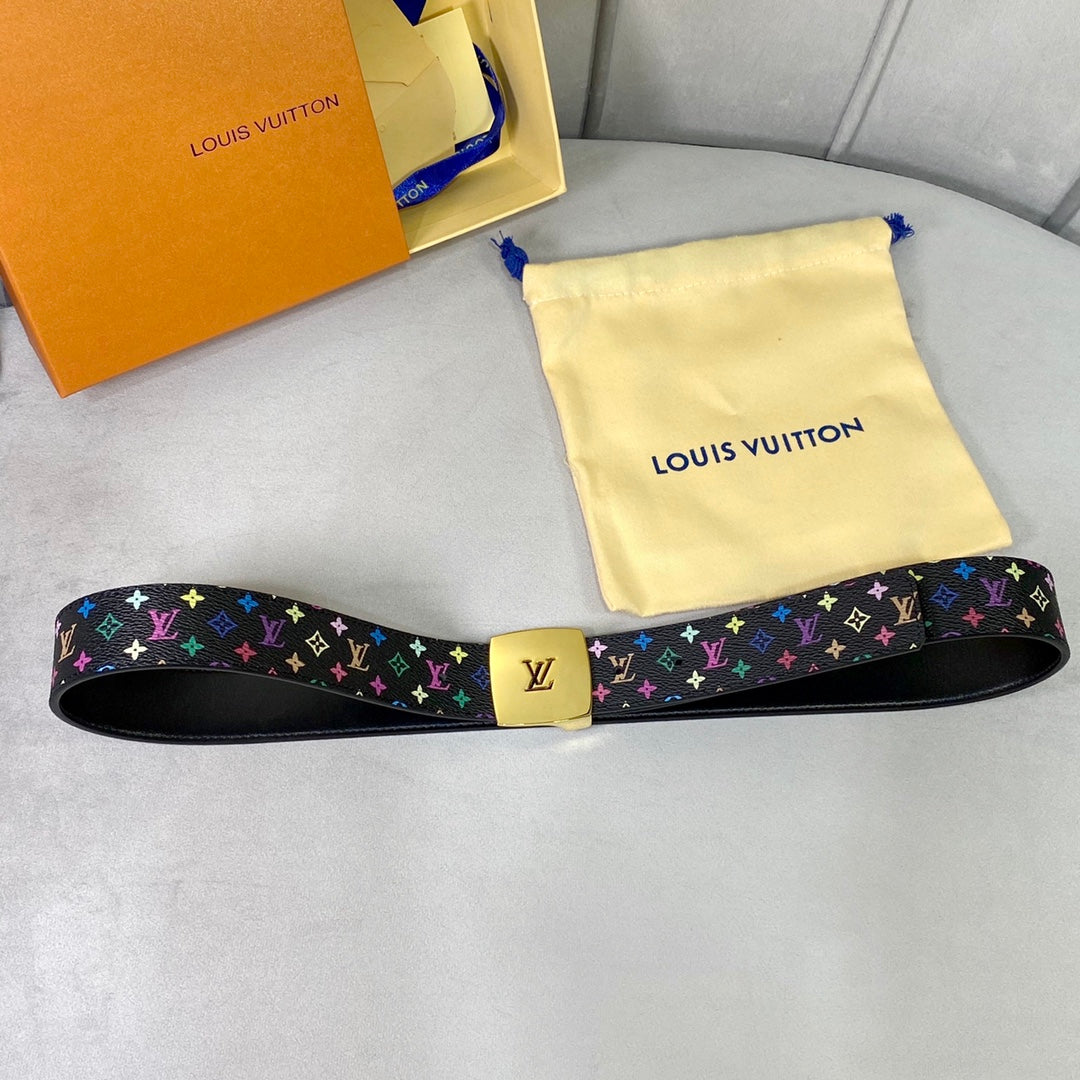 LV 35 MM BELT MULTICOLOR MIX BLACK MONOGRAM CALFSKIN GOLD HARDWARE