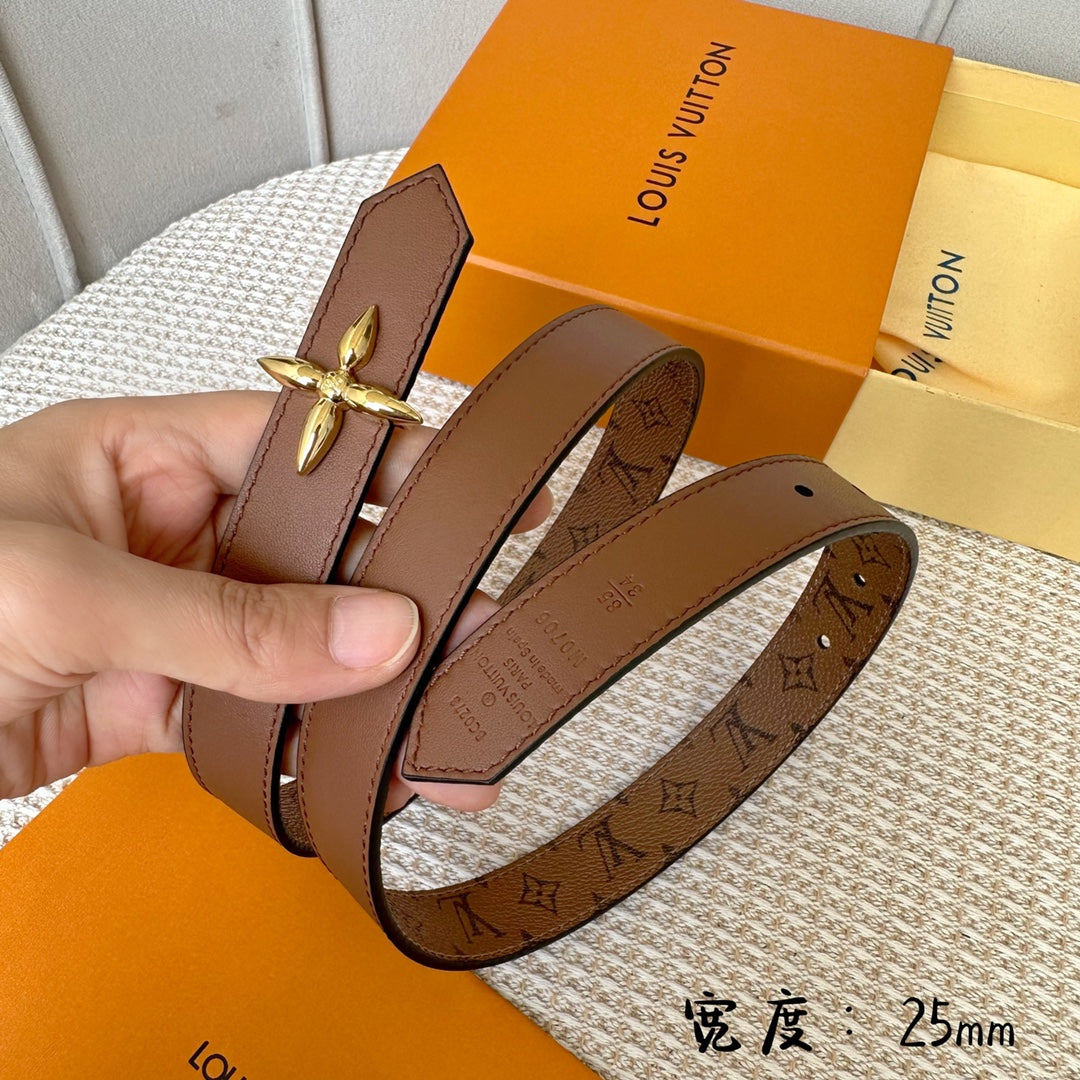 LV FLOWERGRAM 25 MM REVERSIBLE BELT IN BROWN MONOGRAM CALFSKIN GOLD HARDWARE