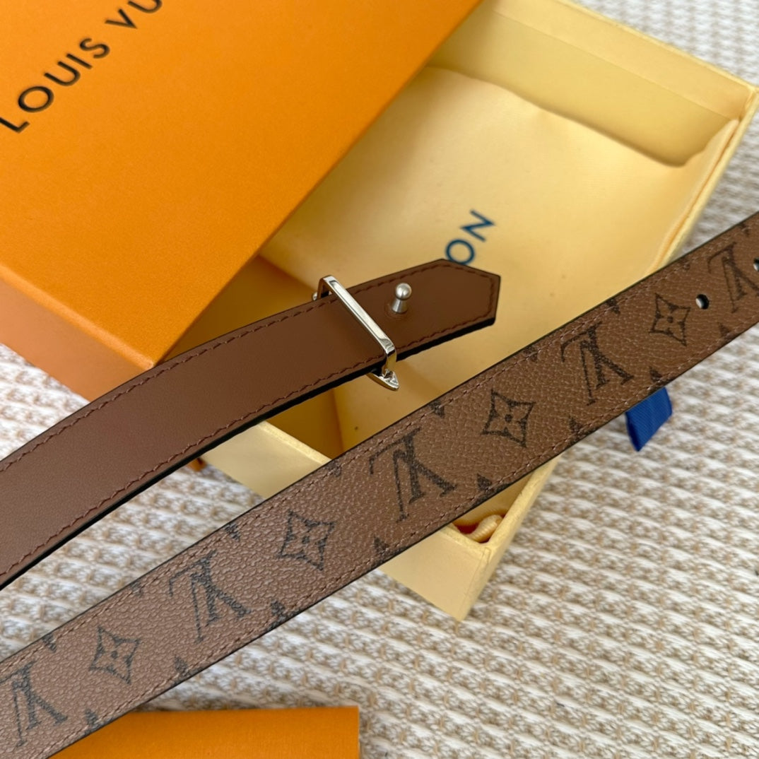 LV FLOWERGRAM 25 MM REVERSIBLE BELT IN BROWN MONOGRAM CALFSKIN SILVER HARDWARE