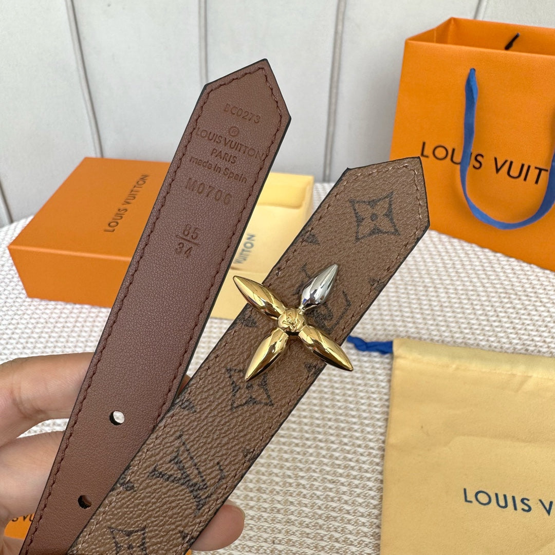 LV FLOWERGRAM 25 MM REVERSIBLE BELT IN BROWN MONOGRAM CALFSKIN GOLD MIX SILVER HARDWARE