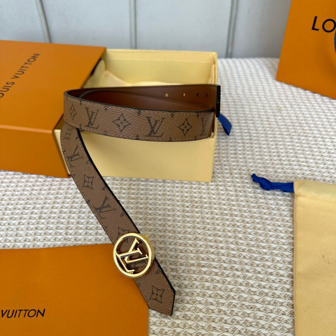 LV CIRCLE 25MM REVERSIBLE BELT MEDIUM BROWN MONOGRAM CALFSKIN GOLD HARDWARE