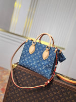 LV 25S ONTHEGO 28 IN BLUE MONOGRAM DENIM COTTON CALFSKIN LEATHER STRAP