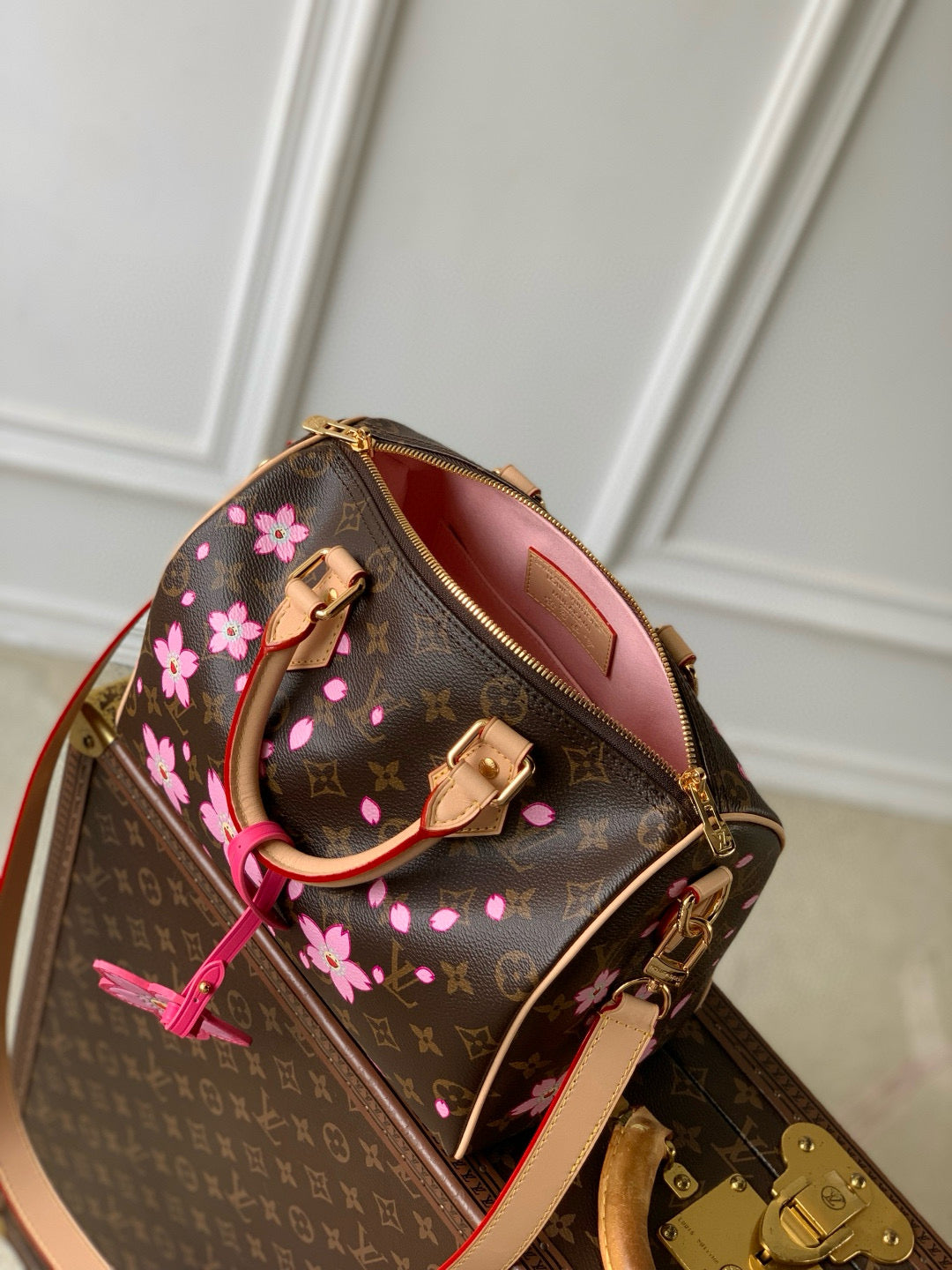 SPEEDY BANDOULIÈRE CHERRY BLOSSOM 25 IN SAKURA BROWN MONOGRAM COATED CANVAS