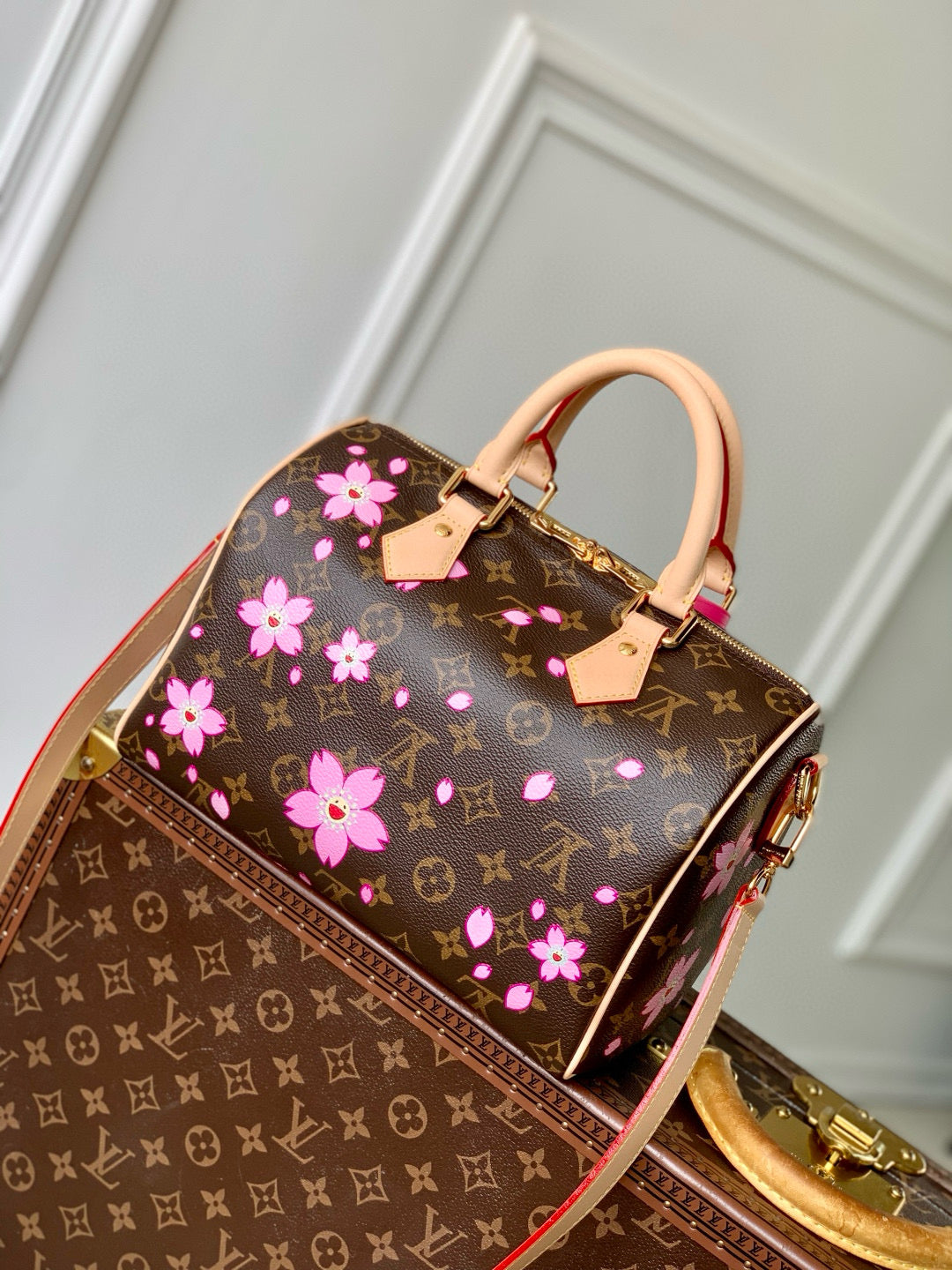 SPEEDY BANDOULIÈRE CHERRY BLOSSOM 25 IN SAKURA BROWN MONOGRAM COATED CANVAS