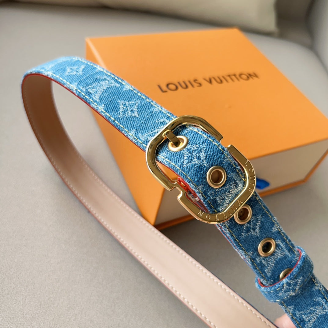 LV30MM BELT LIGHT BLUE MONOGRAM DENIM GOLD HARDWARE