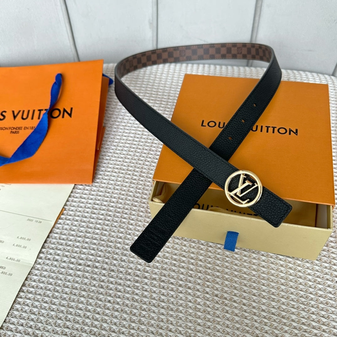 LV CIRCLE 25MM REVERSIBLE BELT IN BROWN DAMIER CALFSKIN GOLD HARDWARE