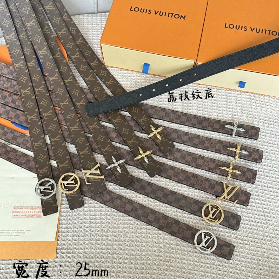 LV FLOWERGRAM 25 MM REVERSIBLE BELT IN BROWN DAMIER CALFSKIN GOLD HARDWARE