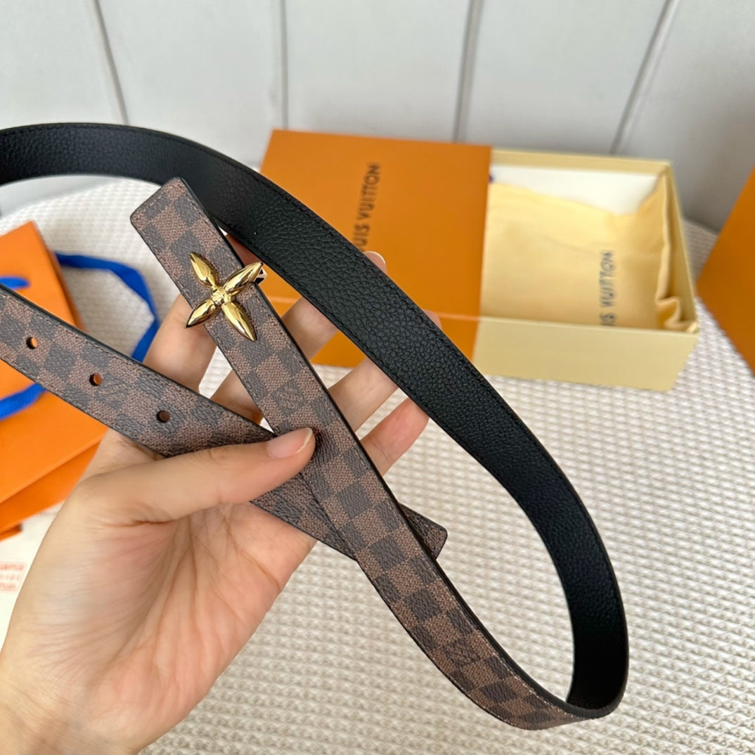 LV FLOWERGRAM 25 MM REVERSIBLE BELT IN BROWN DAMIER CALFSKIN GOLD HARDWARE