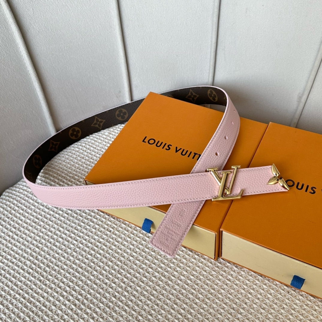 PRETTY LV 30MM REVERSIBLE BELT IN LIGHT PINK CALFSKIN GOLD HARDWARE