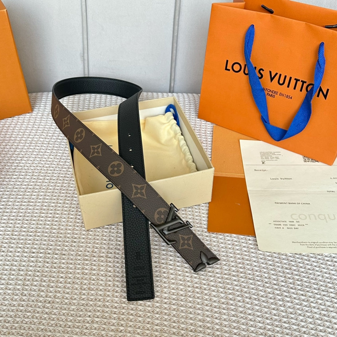 PRETTY LV 30MM REVERSIBLE BELT IN BLACK CALFSKIN BLACK HARDWARE
