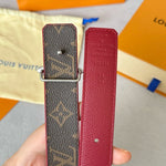 LVMINI FLOWERGRAM 30MM REVERSIBLE BELT IN BLOOD RED CALFSKIN SILVER HARDWARE