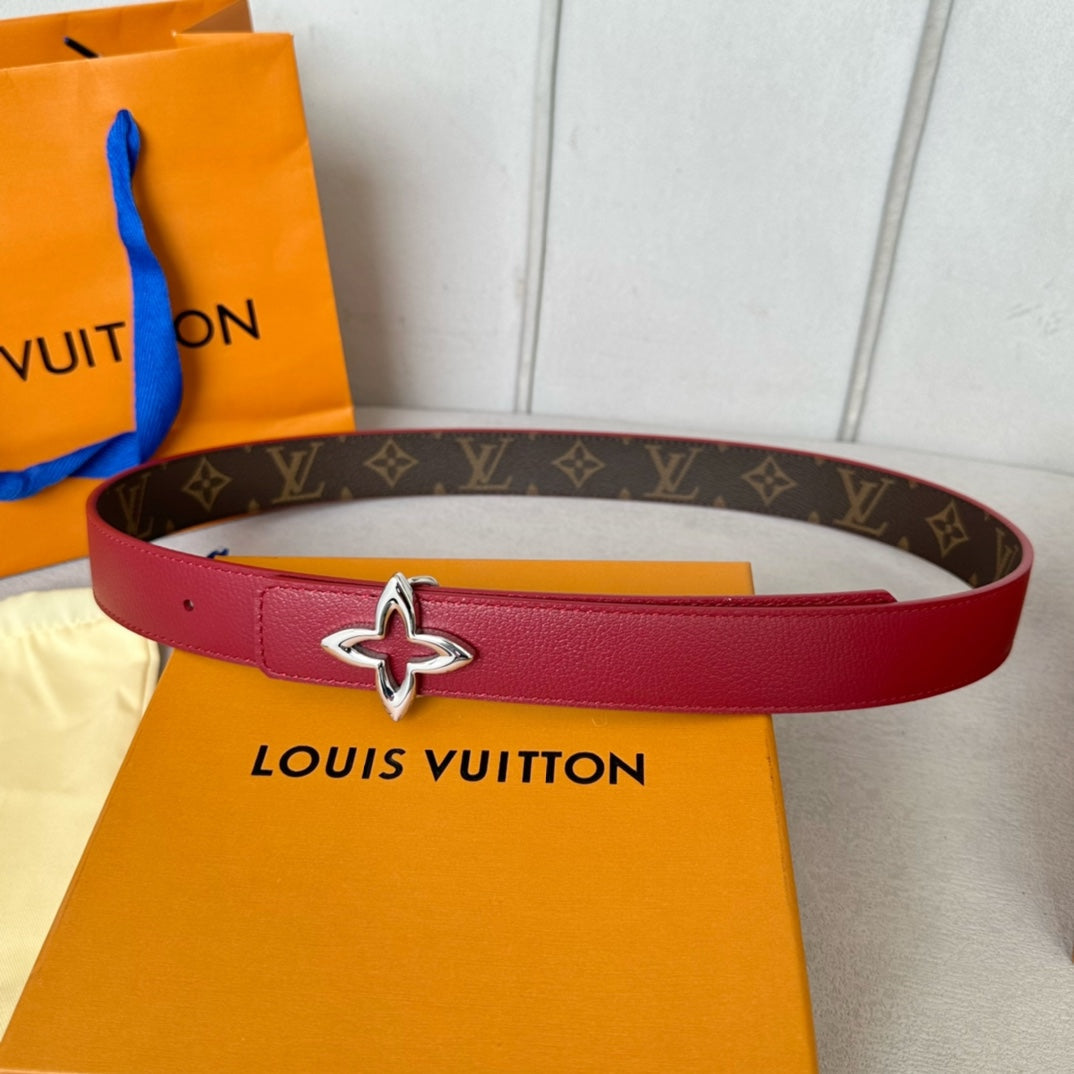 LVMINI FLOWERGRAM 30MM REVERSIBLE BELT IN BLOOD RED CALFSKIN SILVER HARDWARE
