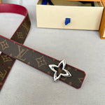 LVMINI FLOWERGRAM 30MM REVERSIBLE BELT IN BLOOD RED CALFSKIN SILVER HARDWARE