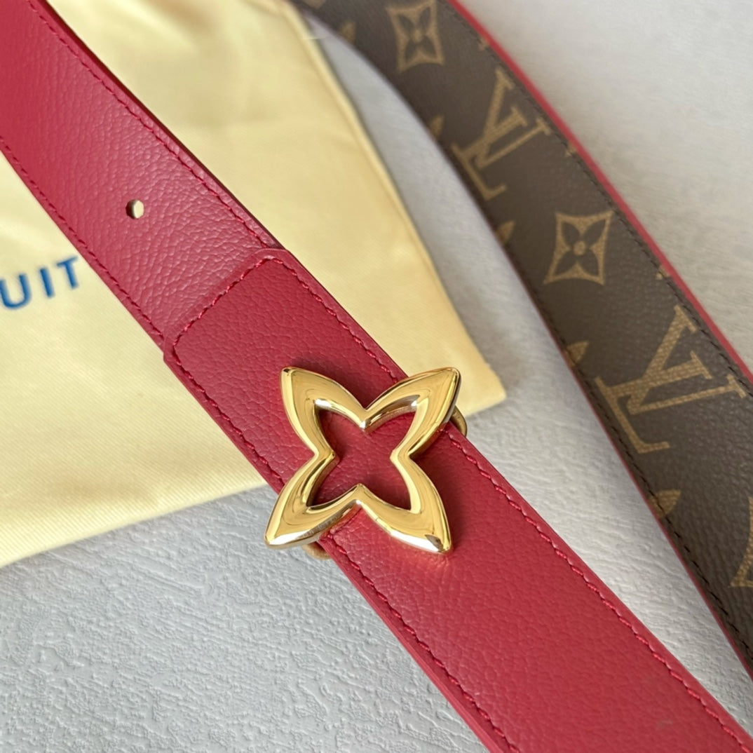 LVMINI FLOWERGRAM 30MM REVERSIBLE BELT IN BLOOD RED CALFSKIN GOLD HARDWARE