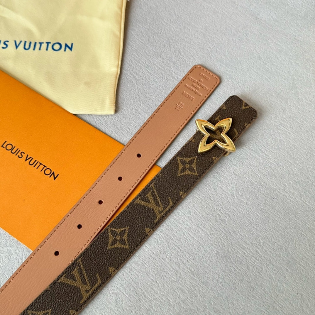 LVMINI FLOWERGRAM 30MM REVERSIBLE BELT IN BUFF BROWN CALFSKIN GOLD HARDWARE