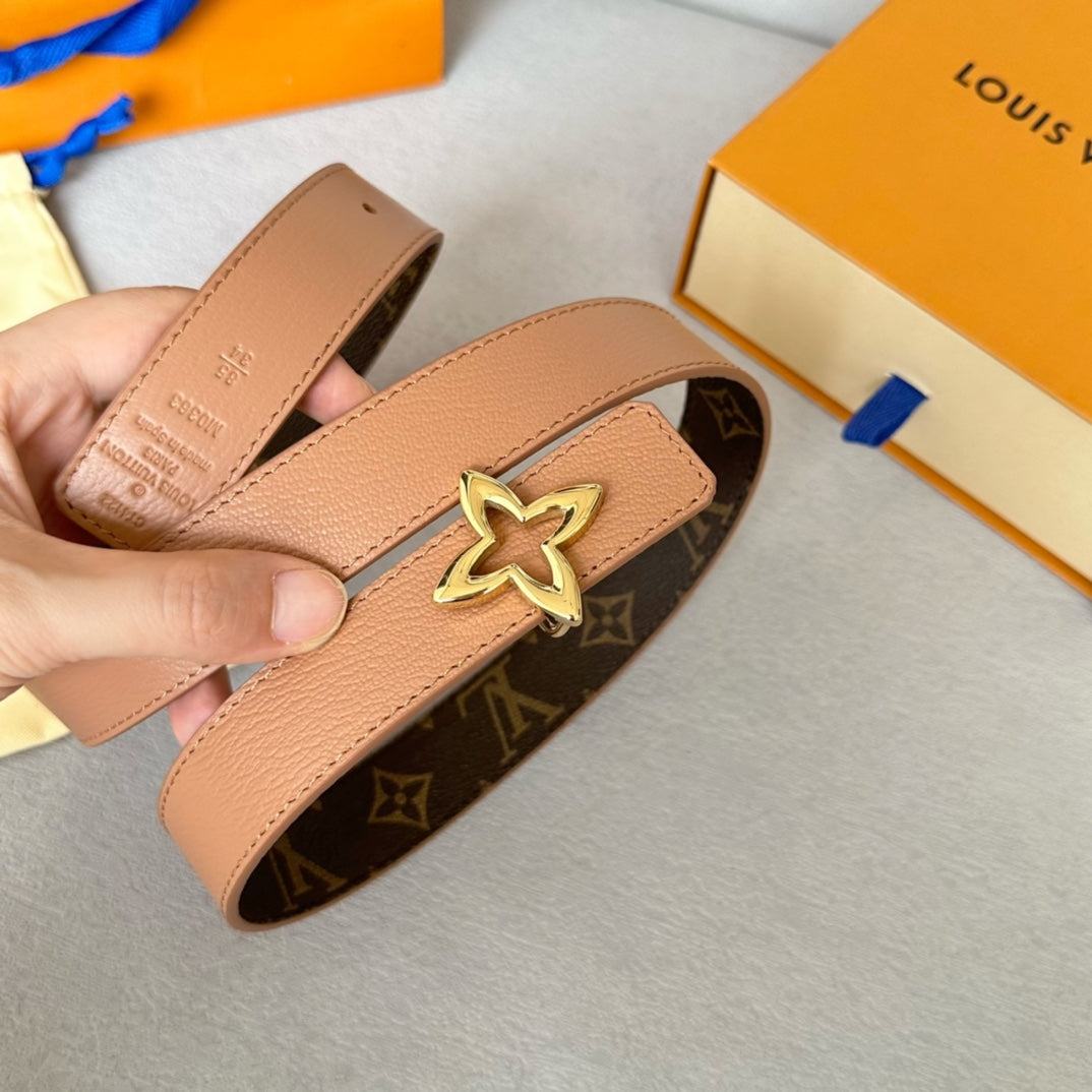 LVMINI FLOWERGRAM 30MM REVERSIBLE BELT IN BUFF BROWN CALFSKIN GOLD HARDWARE
