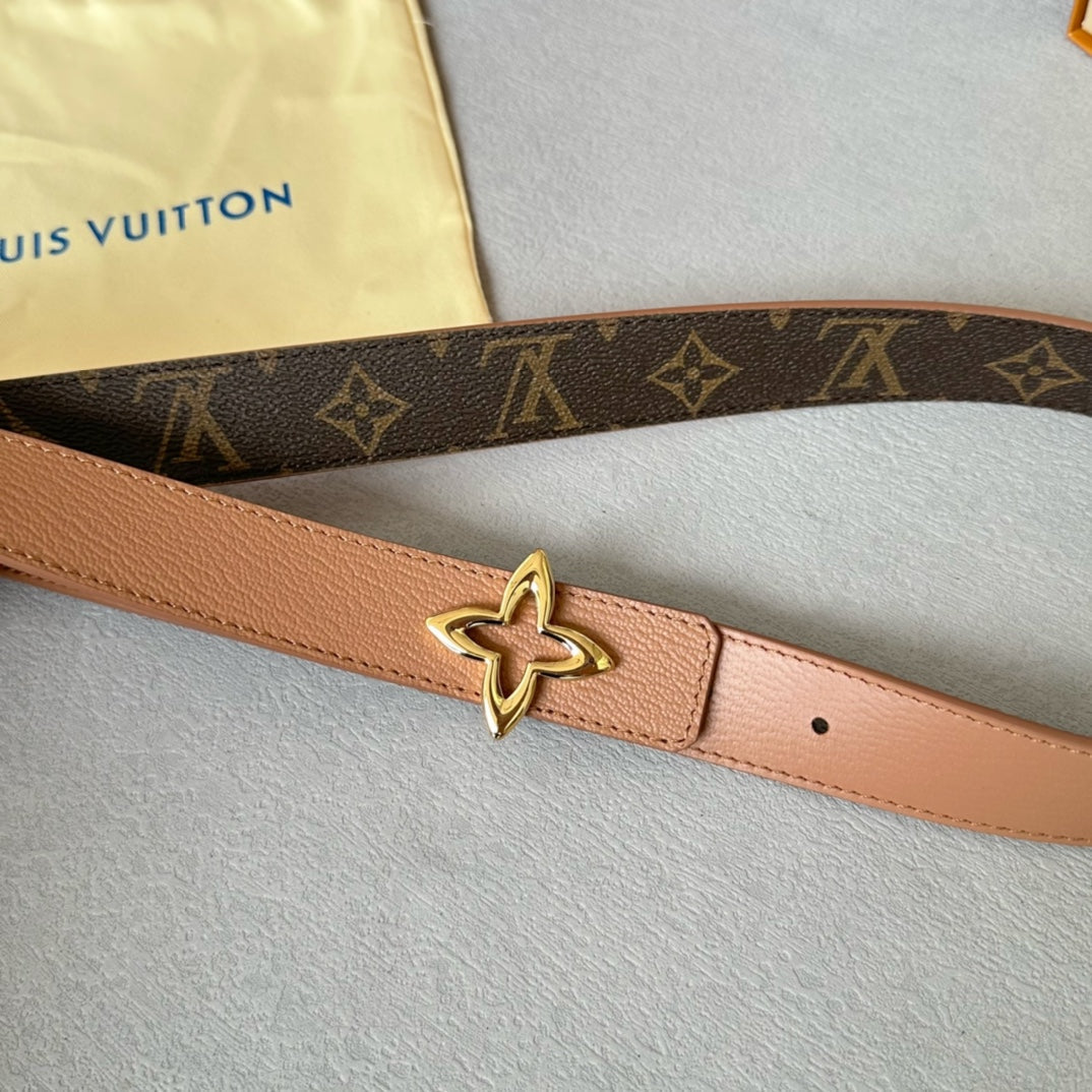 LVMINI FLOWERGRAM 30MM REVERSIBLE BELT IN BUFF BROWN CALFSKIN GOLD HARDWARE