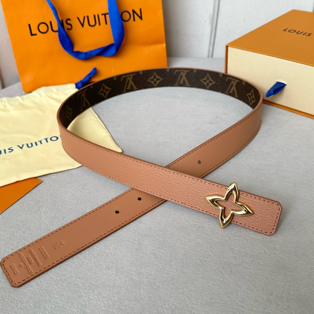LVMINI FLOWERGRAM 30MM REVERSIBLE BELT IN BUFF BROWN CALFSKIN GOLD HARDWARE