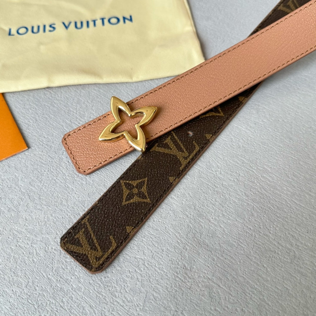 LVMINI FLOWERGRAM 30MM REVERSIBLE BELT IN BUFF BROWN CALFSKIN GOLD HARDWARE