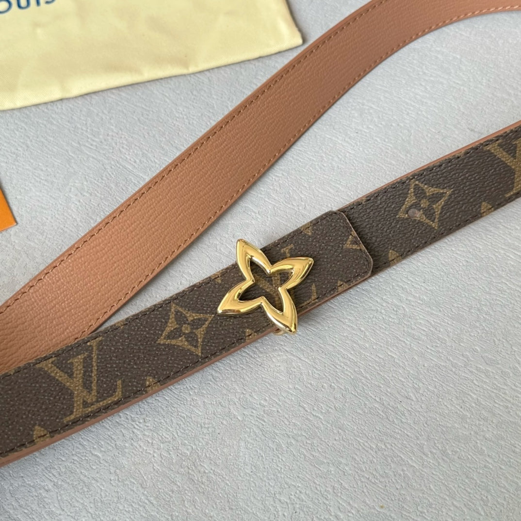 LVMINI FLOWERGRAM 30MM REVERSIBLE BELT IN BUFF BROWN CALFSKIN GOLD HARDWARE